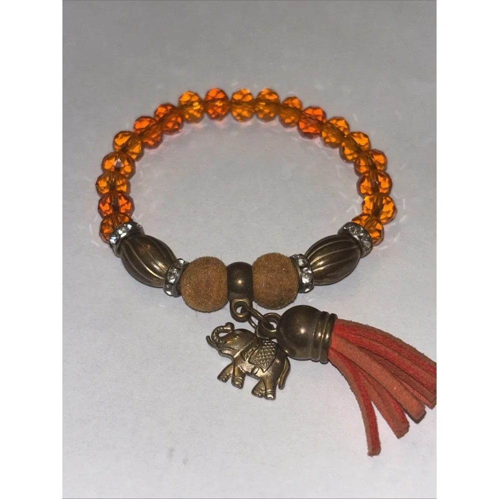 Vintage Orange Bead Beaded Stretch Bracelet With Tassel & Elephant Charm